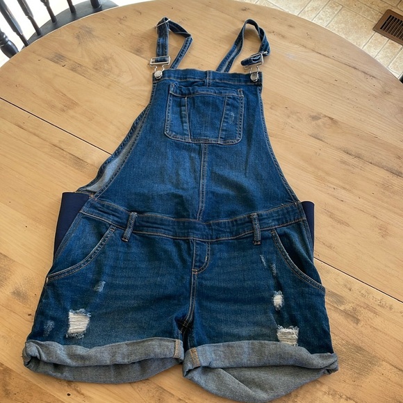 Indigo Blue Pants - Indigo Blue Maternity Overall Denim Shorts - Comfort Flex Waistband - Medium